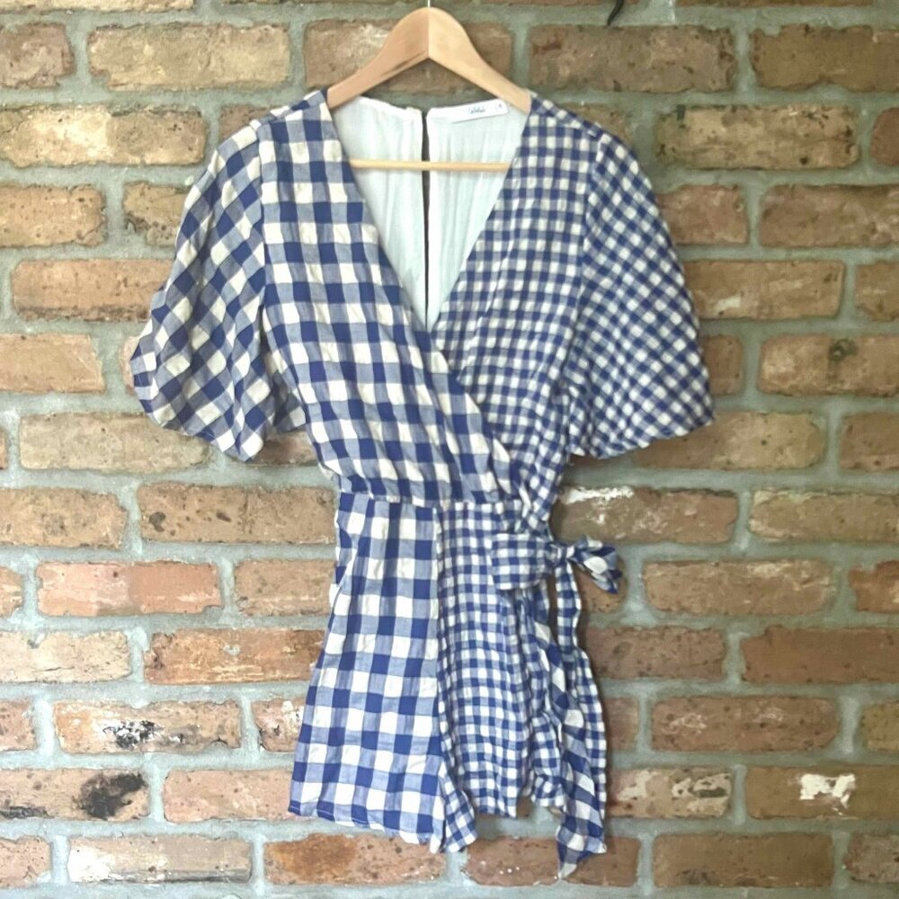 NWOT Talulah Wrap Gingham Romper Shorts Blue V Neck Short Sleeve Boho Sz Small - Picture 5 of 13